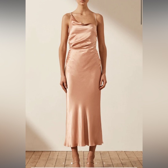 Shona joy LA LUNE ASYMMETRICAL BIAS COWL MIDI DRESS, DESERT ROSE - US size 6 - Picture 1 of 2